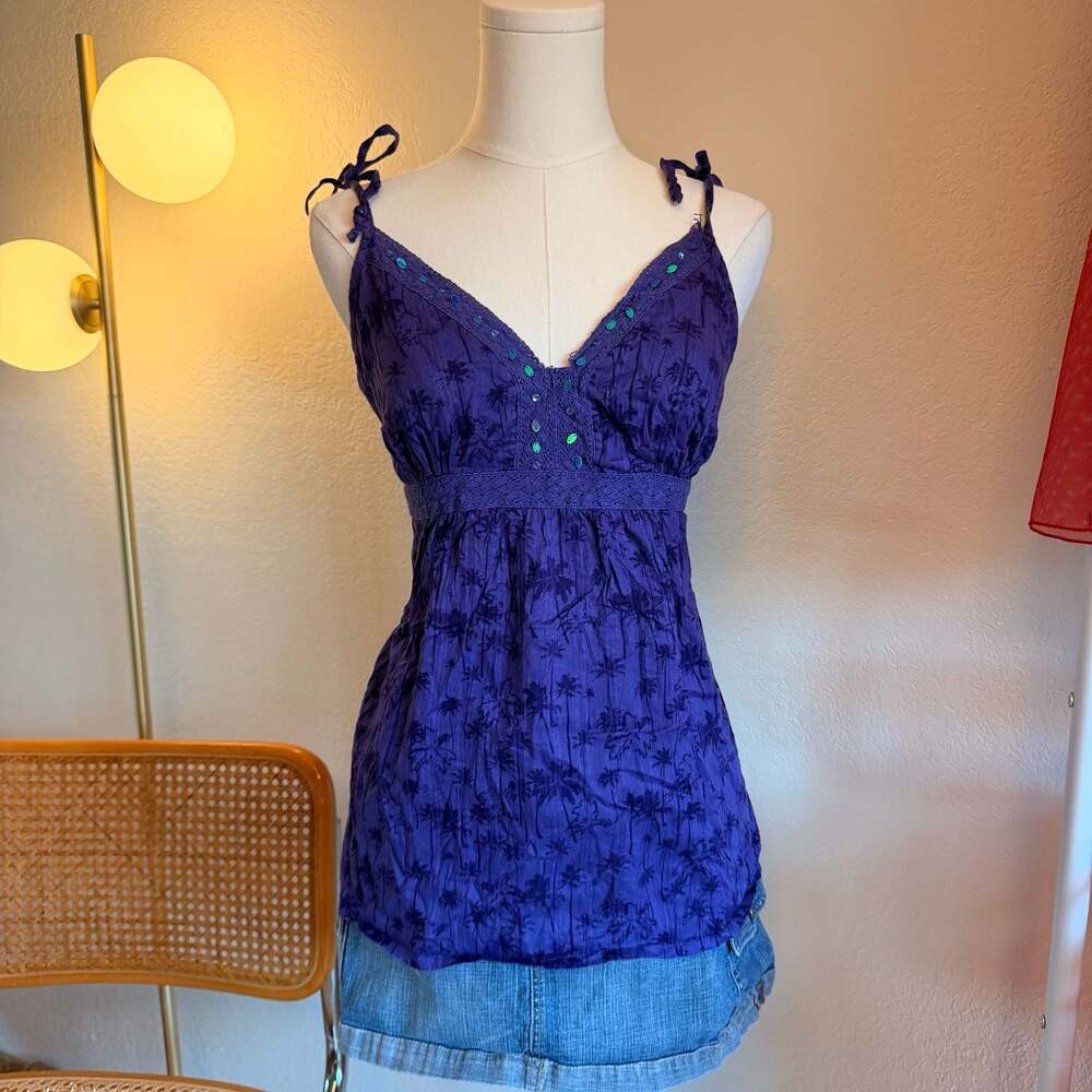 TU Purple Palm Tree Print Cami Tank Top with Sequin Embellishments and Tie Strap